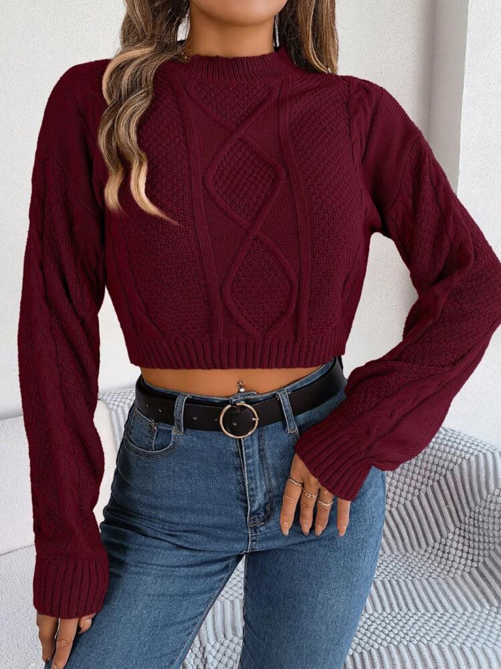 SHEIN Burgundy Cropped Cable Knit Crew Sweater
